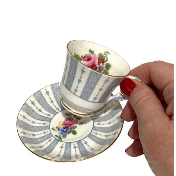 Crown Staffordshire bone china porcelain demitasse teacup & saucer set floral - Picture 7 of 7